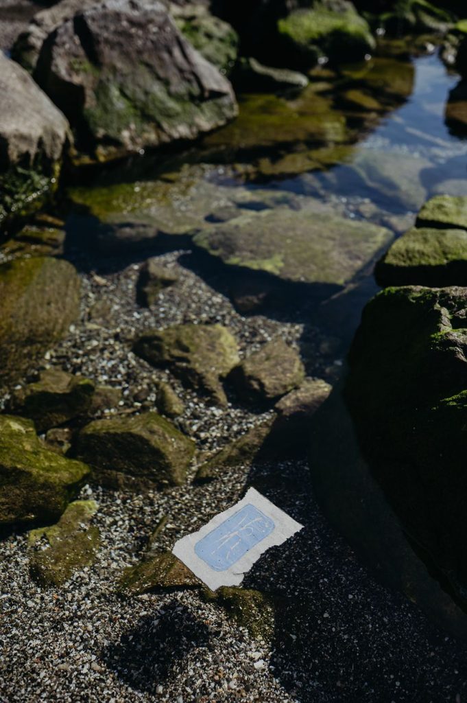 Artwork on paper soaking in seawater on the Marbella coast, Light and Sea open call